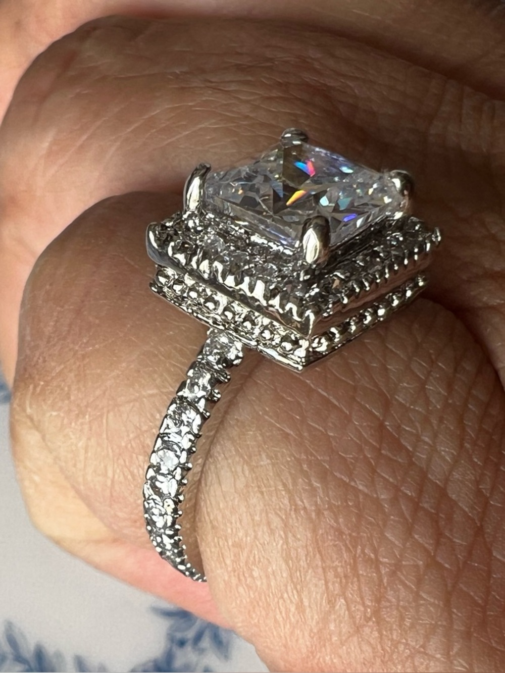 Silver Tone Princess Cut CZ Halo Statement Ring Size 5.75 #5751
